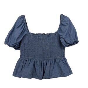 J Crew Size Medium Smocked Short Puff Sleeve Top Blue Chambray Peplum Blouse